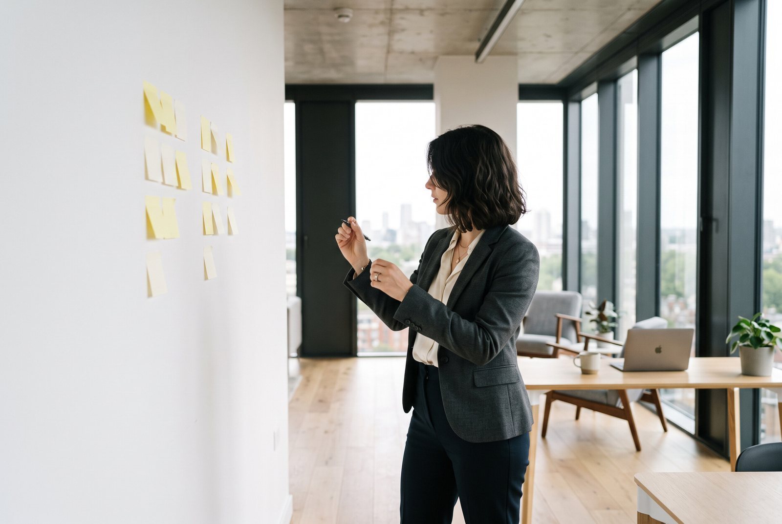 A founder planning at a wall of notes in a bright office