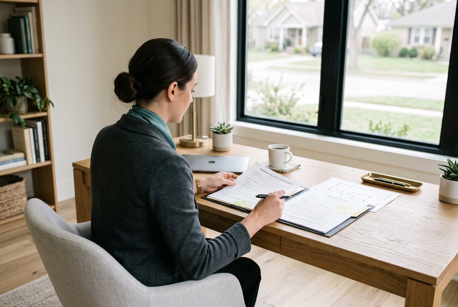 An investor reviewing rental property papers at a desk